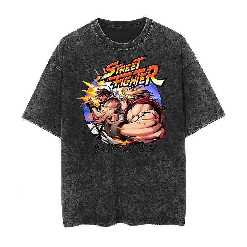 2026 Summer Street Fighter Japanese-style Vintage Washed Retro Batik Arcade Print Number Short-sleeved T-shirt