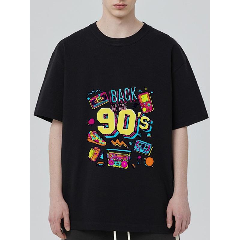 Футболка Back To The 90s Черная Ретро Графика в стиле 90-х с принтом игровой консоли, кассеты и бумбокса для повседневной носки, вечеринок и ностальгических мероприятий