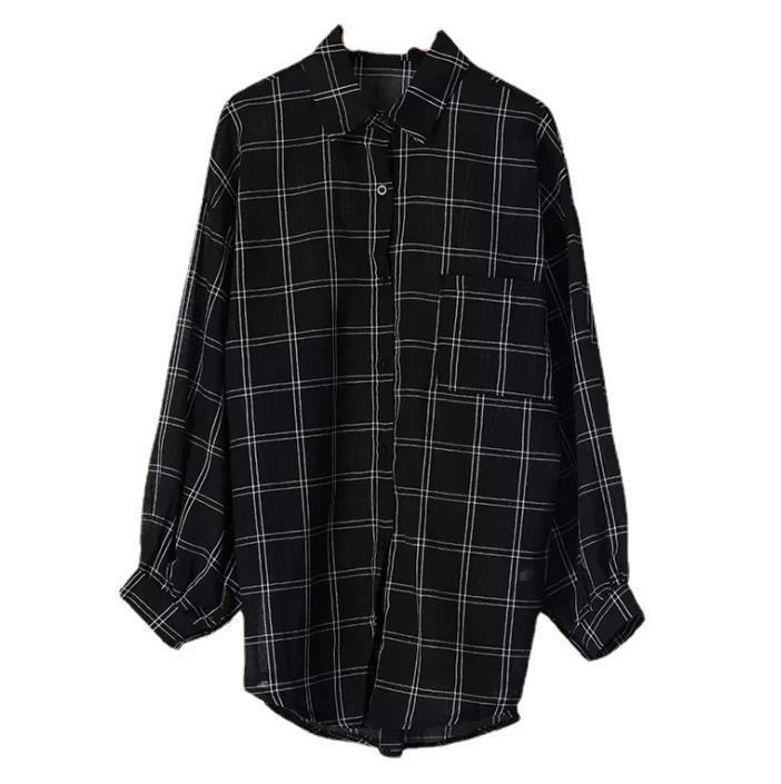 Рубашка в клетку свободного кроя в корейском стиле с длинным рукавом - Женский модный топ для защиты от солнца