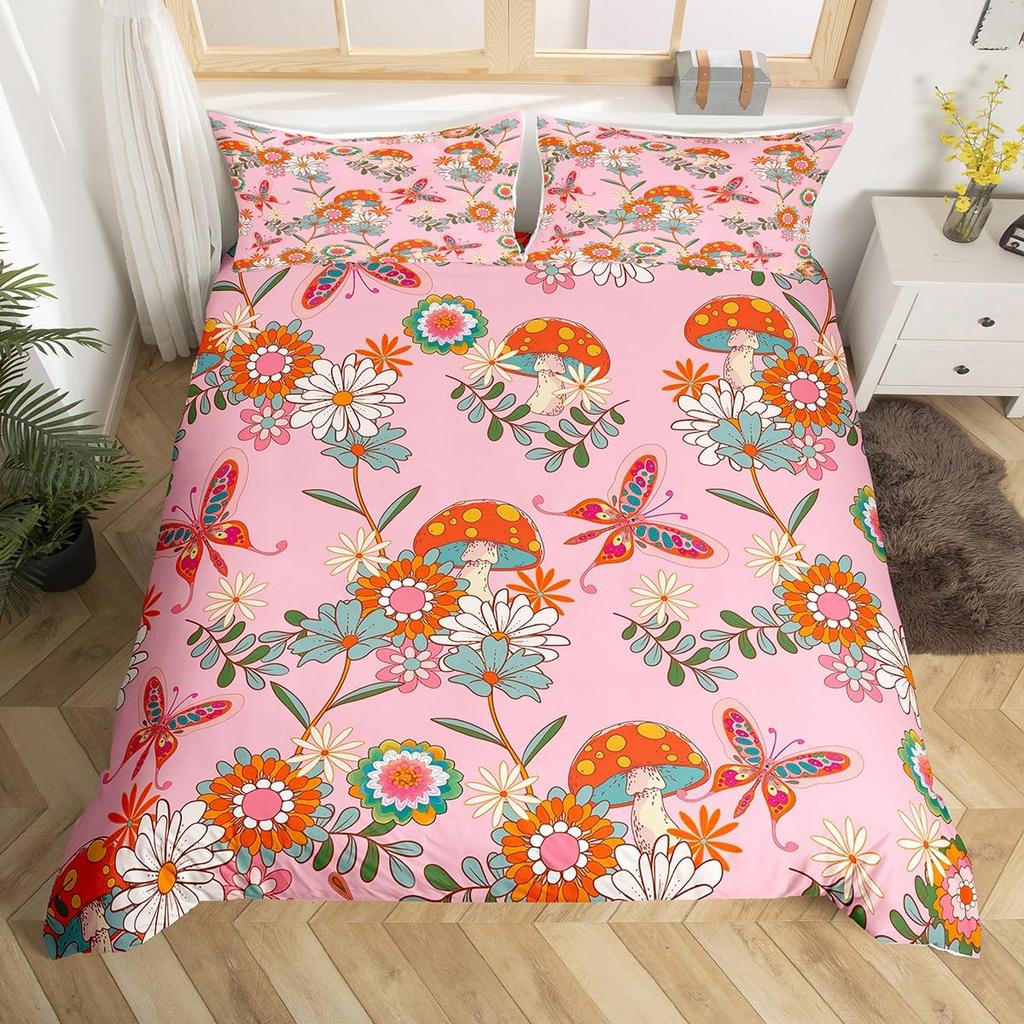 Retro 60S 70S Groovy Flower Duvet Cover,Colorful Hippie Floral Bedding Set Queen,Cartoon Rainbow Mushroom Daisy Comforter Cover