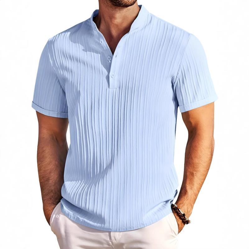 Men's White Vertical Textured Henley Neck Short Sleeve Shirt