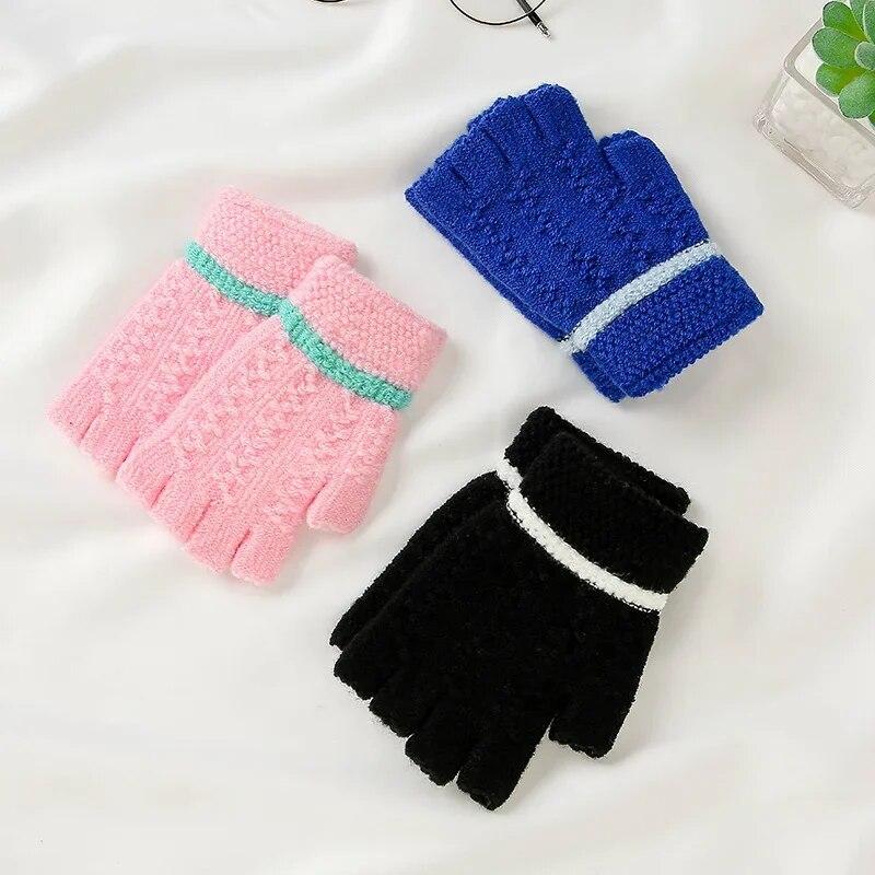 Теплые перчатки с полупальцами для детей, жаккардовые вязаные перчатки для письма, зимние студенческие теплые перчатки для мальчиков и девочек