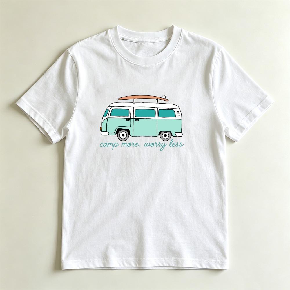 Camp More Worry Less Retro Surf Van Casual Graphic TShirt Beach Camping Lover Gift Tshirt Summer Vibe Adventure Casual Shirt