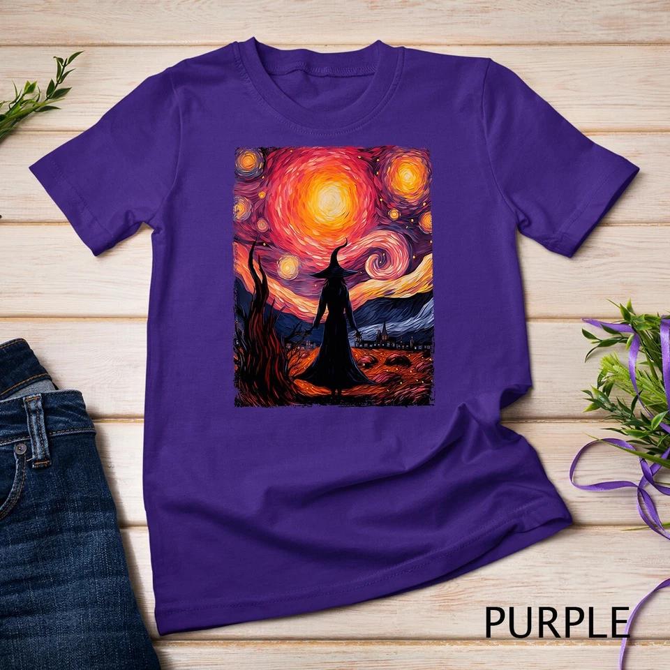 Witch Halloween Pink Breast Cancer Starry Night Van Gogh Art Unisex T-shirt 8