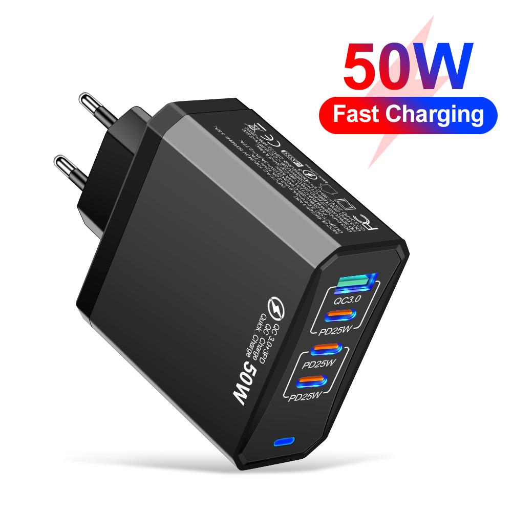 50W 4 Ports USB Charger Fast Charging EU/US Plug Wall Charger for IPhone Samsung Xiaomi Huawei Quick Charge Phone Charge Adapter