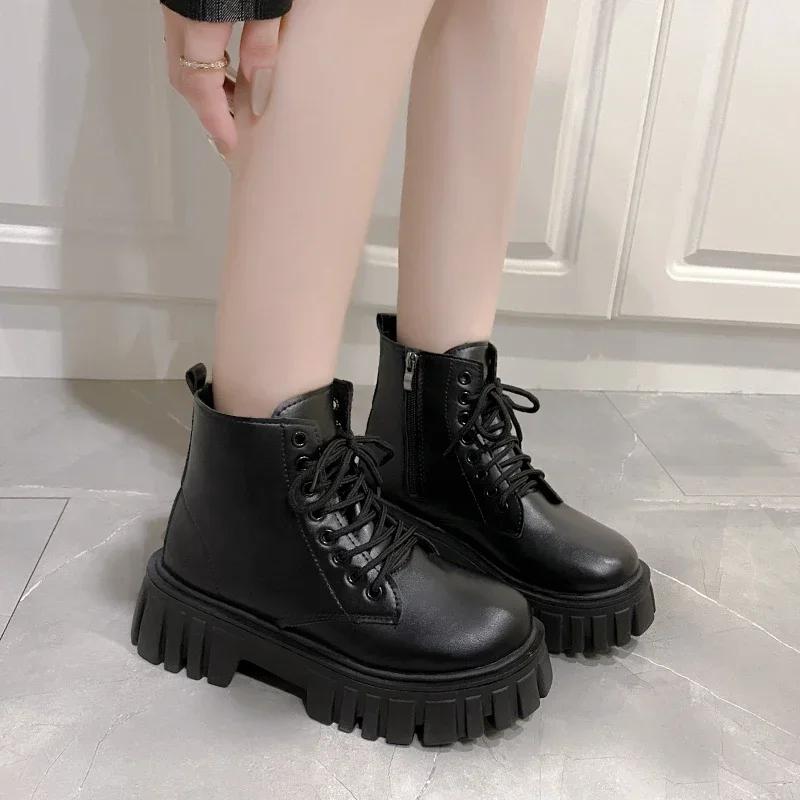Мода 2024 года, белые новые женские ботильоны, осень-зима, на платформе, на молнии, женские панк-сапоги, толстая подошва, шнуровка, армейские ботинки, женские, Mujer