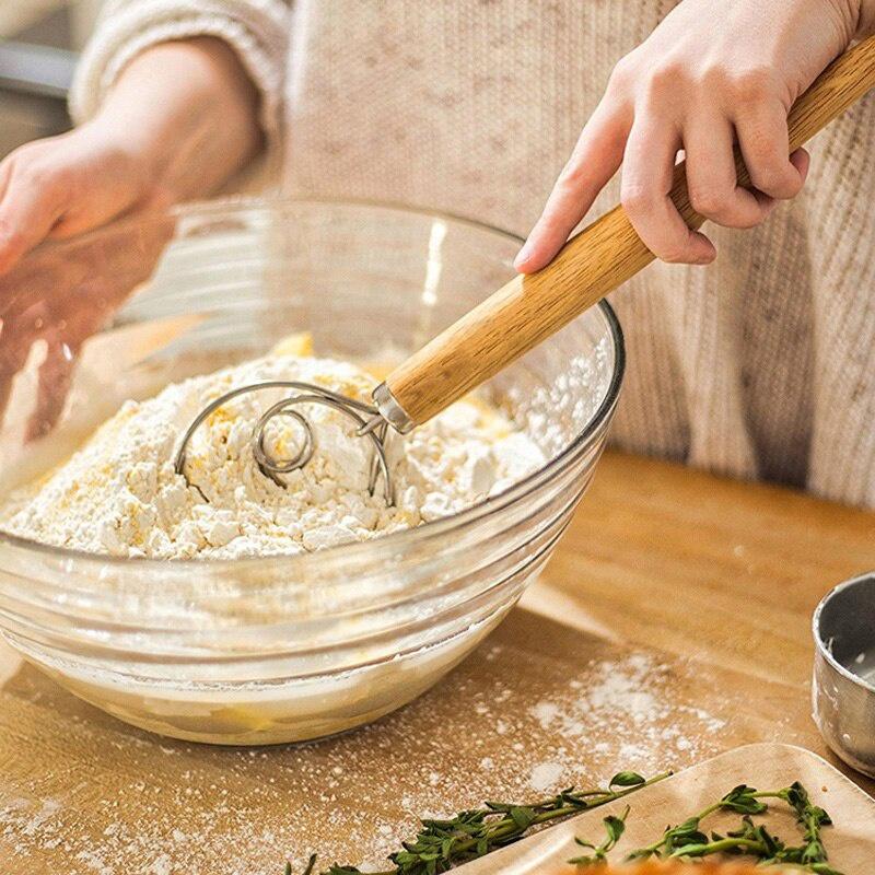 Danish Dough Whisk Stainless Steel Hand Mixer Blender Egg Beater Poking Bar Pastry with Wooden Handle Baking Tools
