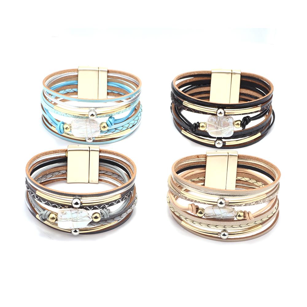 Multilayer Leather Bracelet Magnetic Clasp Braided Wrap Bangle Boho Jewelry for Women Girls Gift