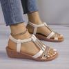 Fashion Women Wedge Sandals Summer Bohemia Rhinestones Casual Platform Middle Heel Sandals Female Peep Toe Outdoor Beach Sandales Shoe