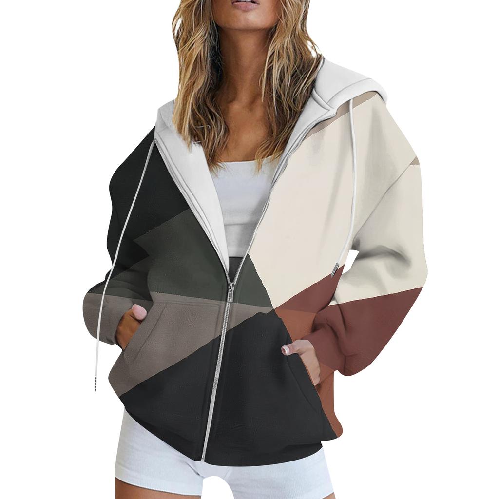 Women's Long Sleeve Print Sweatshirt Long Sleeve Pocket Jacket Zipper Hoodie Coat