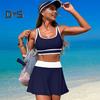 2Pcs/Set Women Tankini Set Low O-Neck Sleeve Tank Tops Tummy Control Side Split Skorts Set Patchwork Color Swimwear
