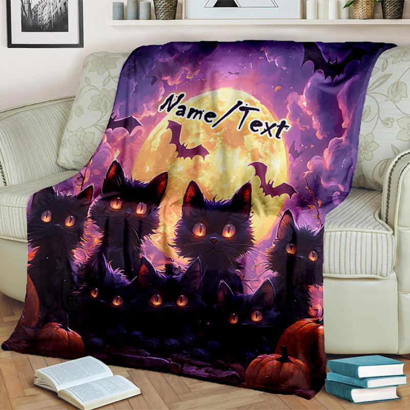 1PC Custom Name Halloween Cats Pumpkins outdooor Flannel blankets Throw Blanket All-Season Throw Gift Bedspread for Couch, Bed, Camping Holiday Birthd