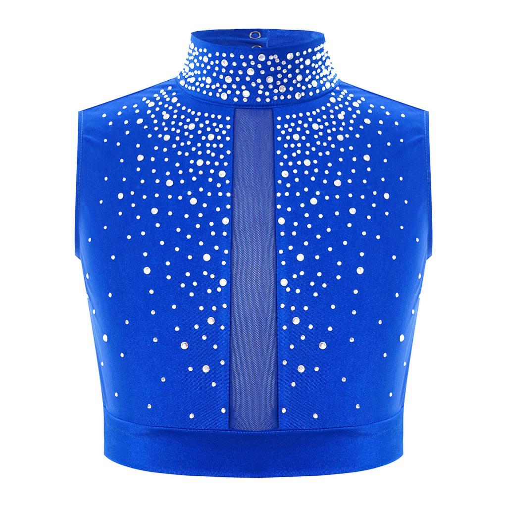 Укороченный топ для девочек Lyrical Dance с воротником-стойкой, без рукавов, вырез-замочная скважина сзади, отделка стразами для современных выступлений