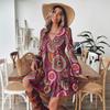 Fall Women's Long-sleeved V-neck Loose Print Boho Dress