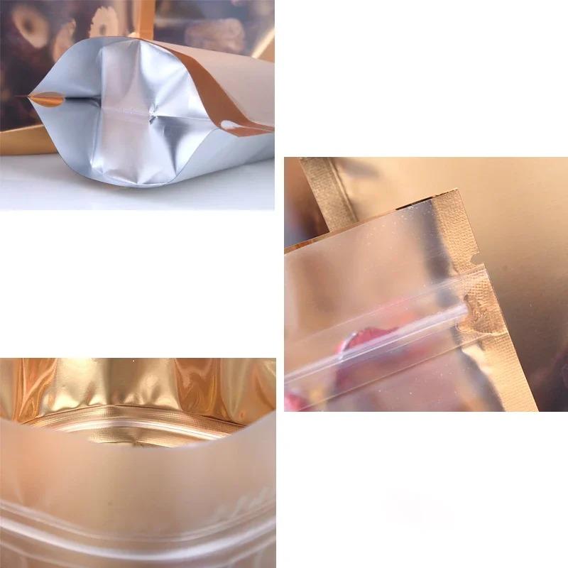 100 шт., золотая алюминиевая сумка, одностороннее прозрачное окно, сумка с замком на молнии, стоячие упаковочные пакеты для еды, пластиковые пакеты для хранения зерна, витрина