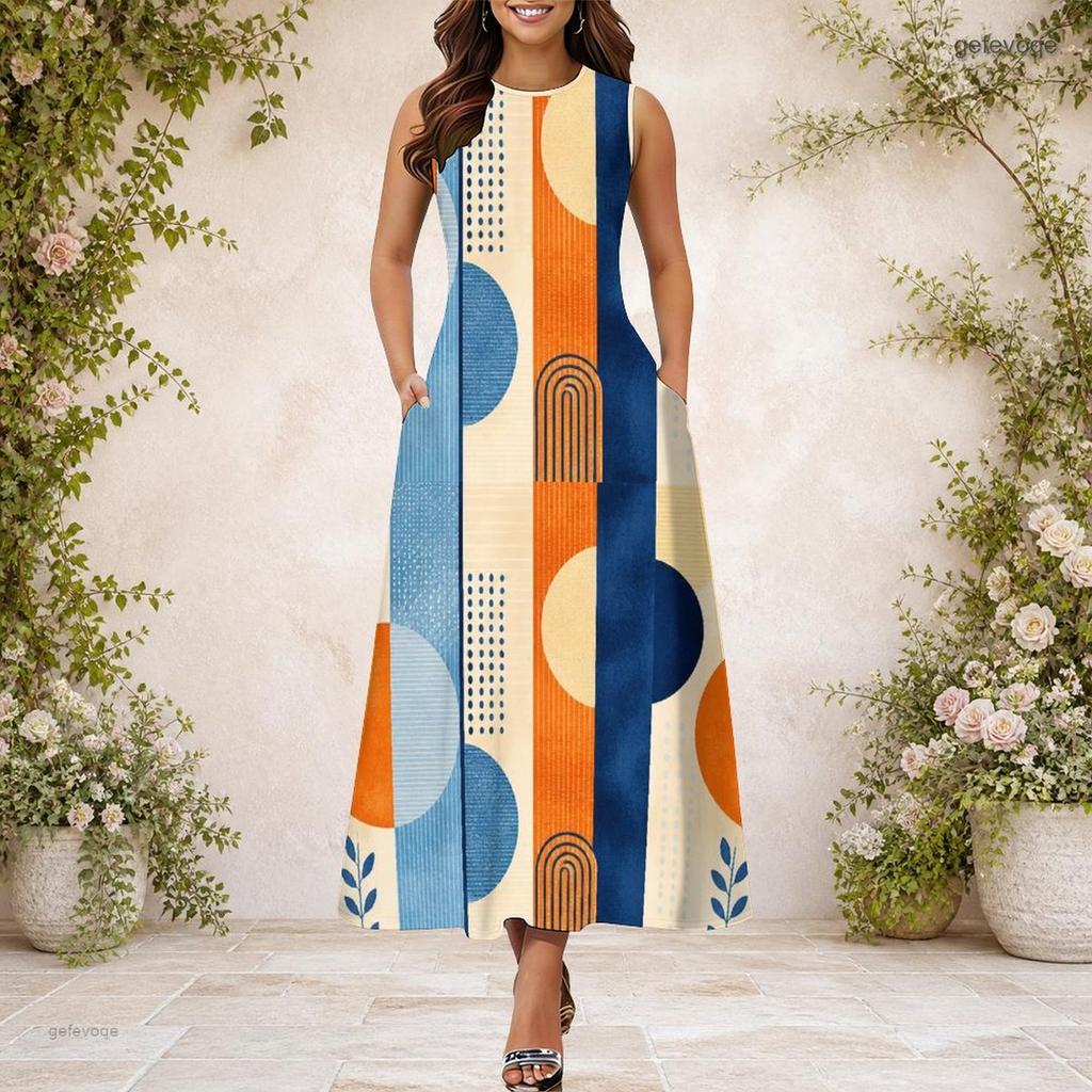 Women Plus Size Round Neck Sleeveless Geometric Printed A Line Long Dress With Side Pockets