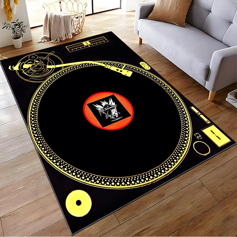 Turntable Design Rug with Gold Black Pattern Non-slip rug suitable for living room and bedroom sofas