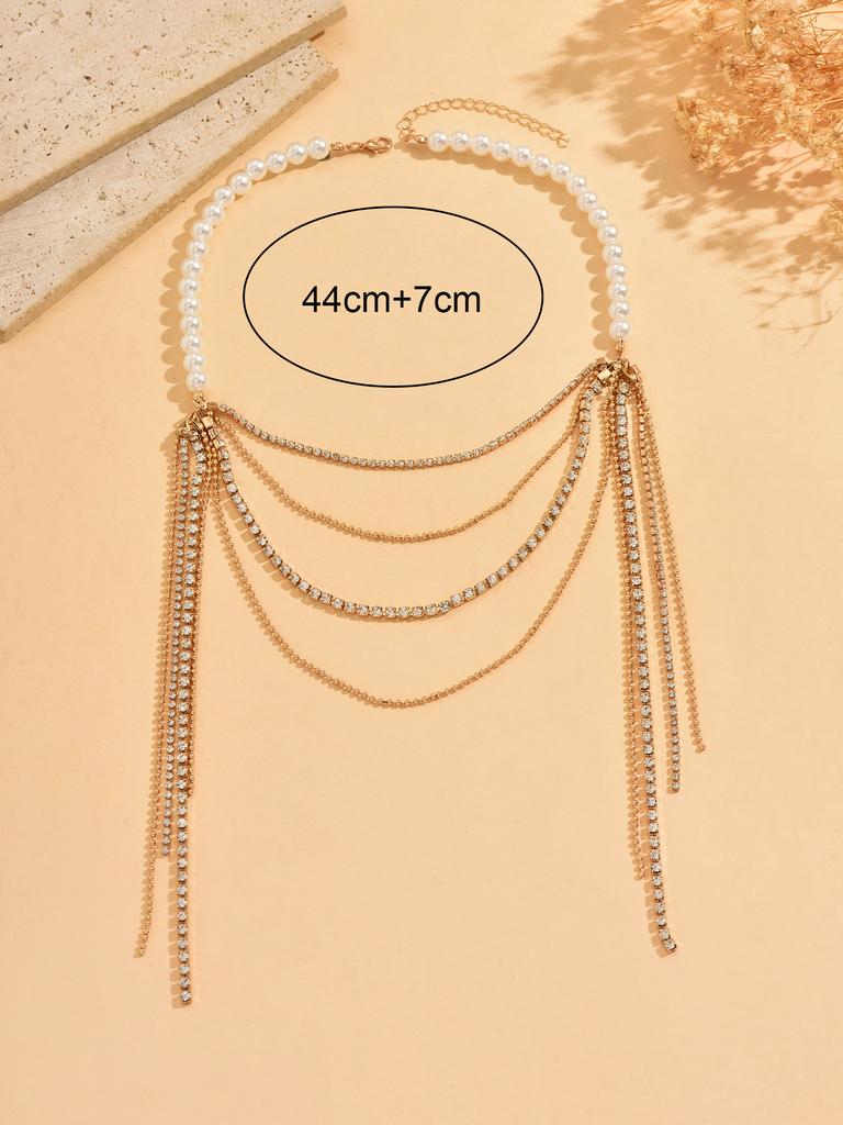 Creative Design with Multi-layered Rhinestone Tassel Necklace Retro Imitation Pearl Bead Women Necklace Party Wedding Jewelry