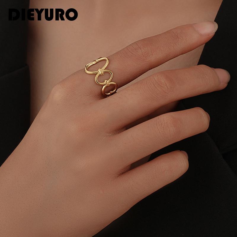 DIEYURO 316L Stainless Steel Fshion Multi-ellipse Stitching Fashion Hollow Women Open Gold Ring Adjustable Friends Party