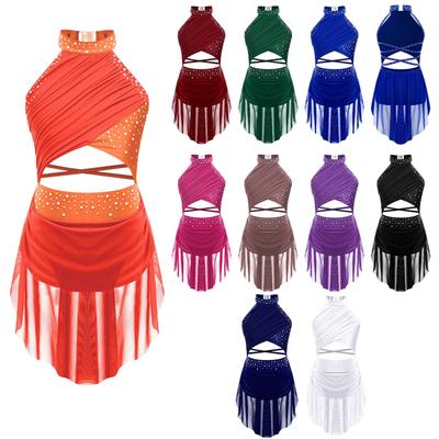 Детский танцевальный наряд для девочек со стразами - прозрачное сетчатое платье с открытой спиной и бретельками