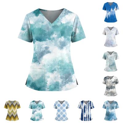 Женский топ с градиентным принтом, V-образным вырезом, двойным карманом, короткими рукавами, разрезом по низу, униформа для ухода