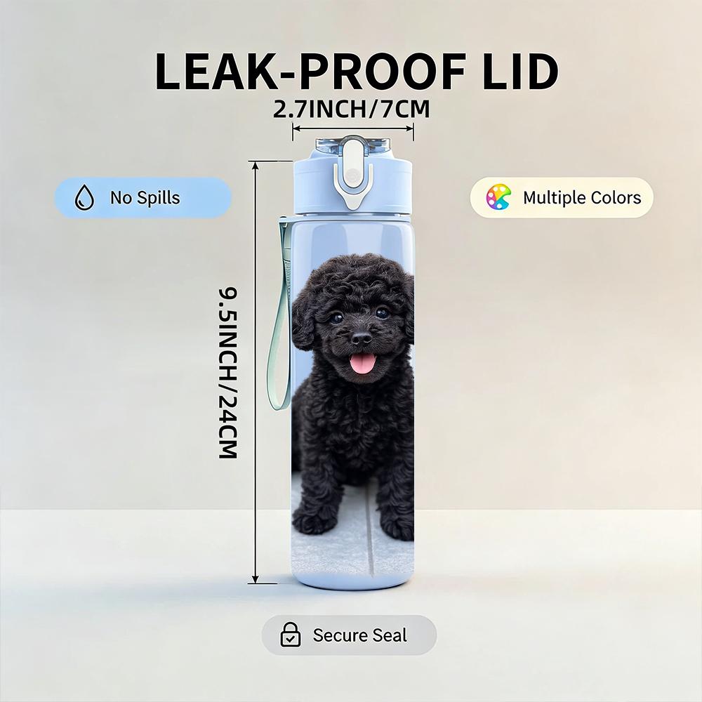 1PC Curly Black Poodle Puppy 750ml Color Plastic Water Bottle Leakproof Flip Straw Lid For Sports Office Home Use