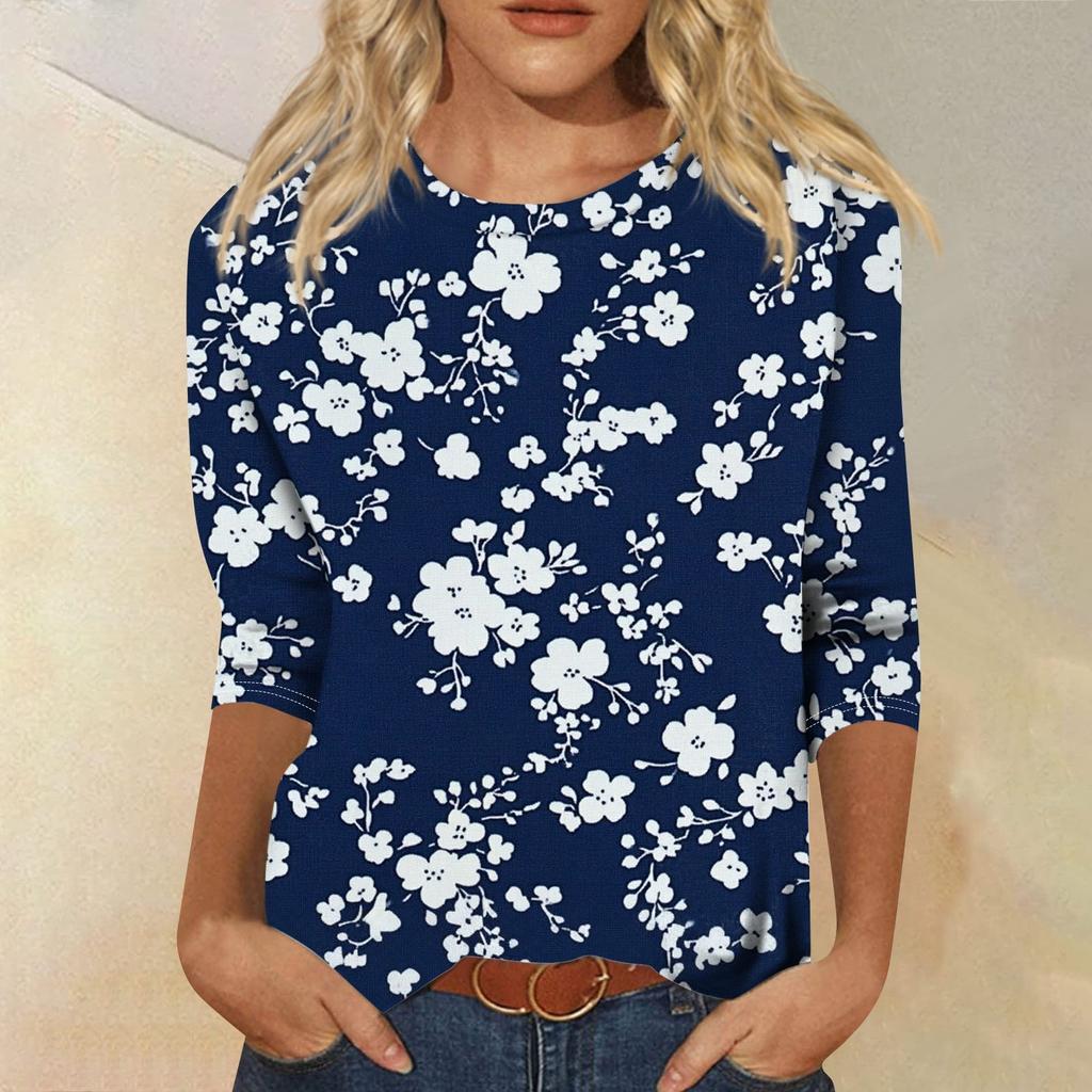 Women's Fashion Loose Casual Seven Sleeve Printed Round Neck Top