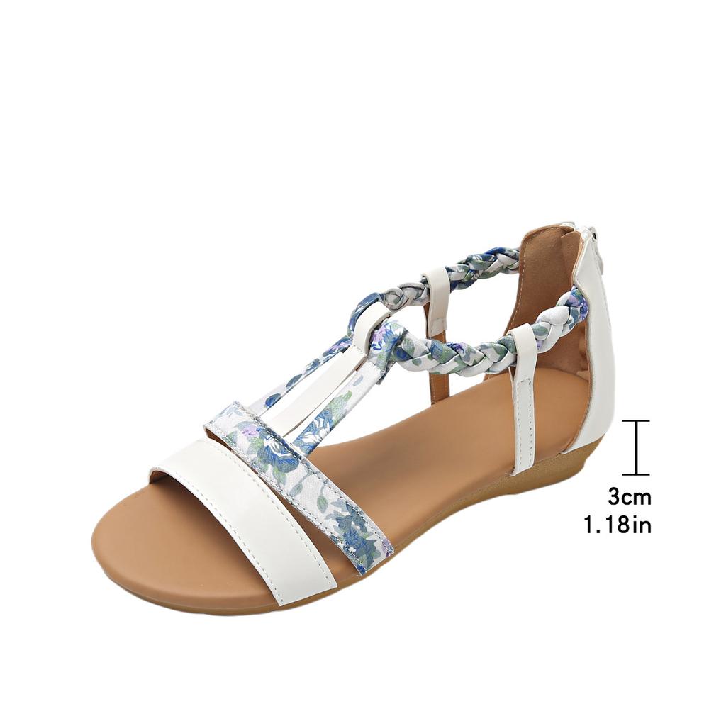 Fashion 2025 Summer Bohemian Ethnic Sandals Woman Zipper Roman Women'S Plus Size Flat Sandals Leather Velvet Shoes Rome Flock Pu Slides