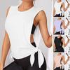 Women Sports Top Hollow Out Thin Loose Breathable Soft Round Neck Sweat Absorption Solid Color Sleeveless Lace Up Knot Jogging Yoga Gym Tank