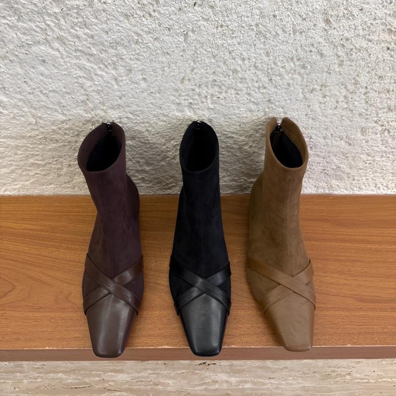 Korean Version of Square Head Suede Splicing Fashion Boots for Women 2025 Autumn and Winter New Temperament Thin Boots Rear Zipper Short Boots Fo