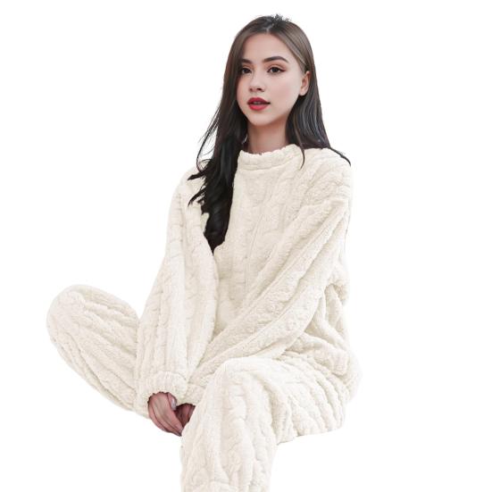 Женский пижамный комплект из 2 предметов, мягкий, удобный флисовый пуловер, рубчатый пижамный комплект, пушистый, теплый, плюшевый