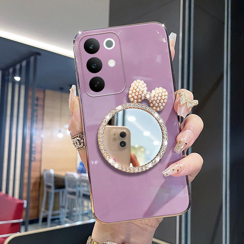 For Realme C85 Pro Case Soft Plating brick inlaid pearl butterfly makeup mirror Smooth Electroplated For Realme C85 Back Cover