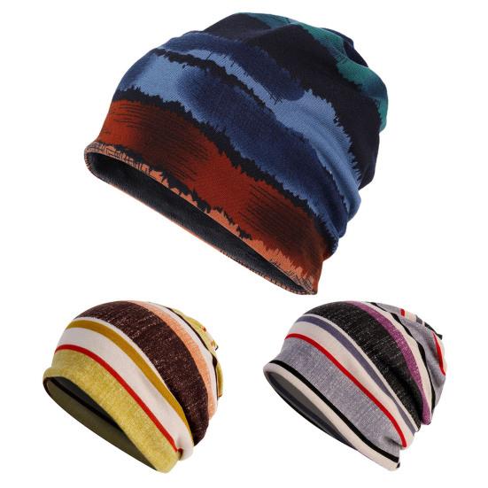 Unsiex Fall Winter Hat Striped Color Matching Elastic No Brim Regular Fit Baggy Ear Protection Anti-shrink Soft Decorative Hip Hop Women Men