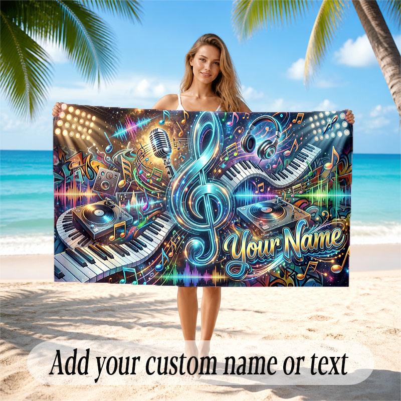 Music General Theme Beach Towel Personalized Custom Name & Text Soft Quick Dry Beach Towel for Swimming Travel