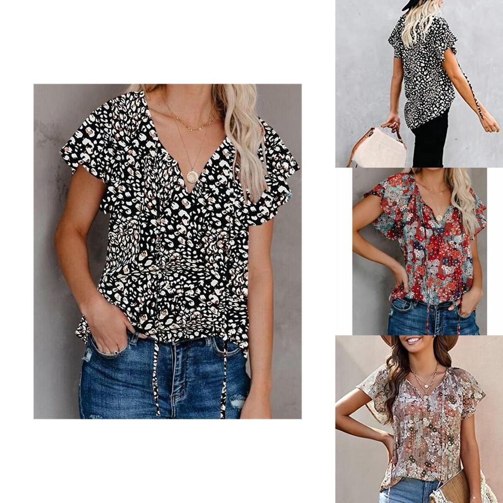 Elegant Womens Summer V Neck Short Sleeve T Shirt Featuring Vibrant Floral Print Design
