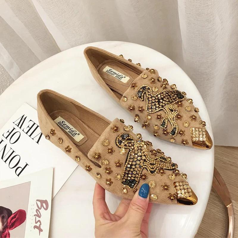 2025 Обувь для женщин Плоская обувь Трендовая повседневная обувь Crystal Bird Удобные модные заклепки с острым носком Мокасины без застежек