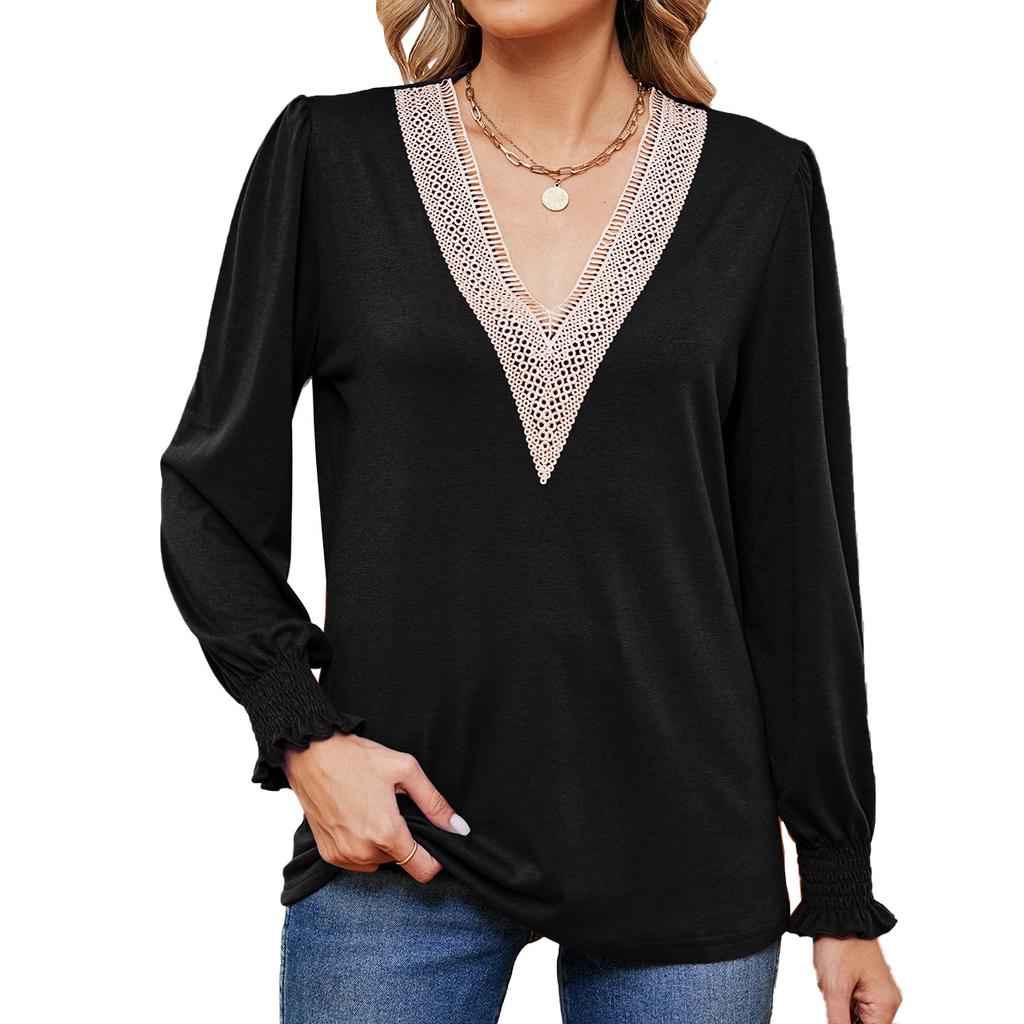 2024 European And American Autumn/Winter New Solid Color V-Neck Lace Splicing Loose Long Sleeve T-Shirt Top