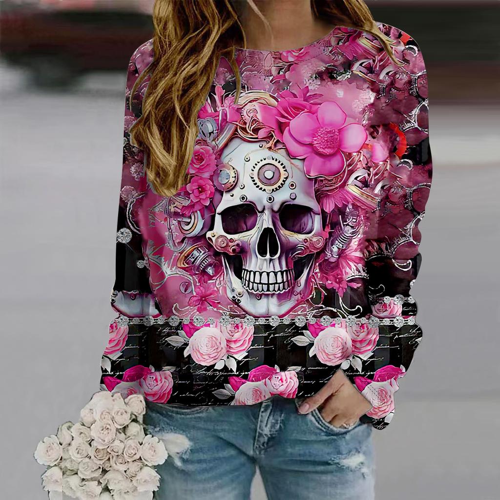 Осенняя женская мода с круглым вырезом и длинным рукавом, свободная одежда, футболка с принтом черепа и розы