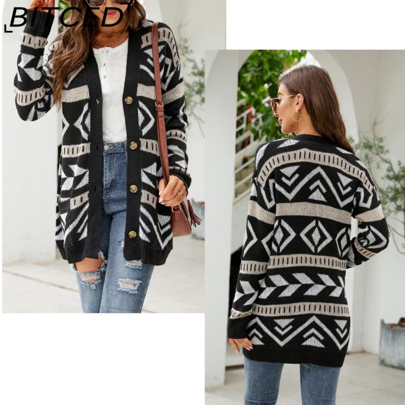 BITCED Autumn/Winter Women's Diamond-Patterned Oversized Knitted Cardigan Jacquard Mid-Length Sweater Coat