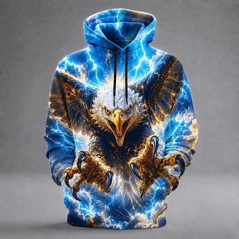 Men's Eagle Hoodie, Lightning Storm Eagle Graphic Sweatshirt, All Over Print Long Sleeve Pullover Streetwear