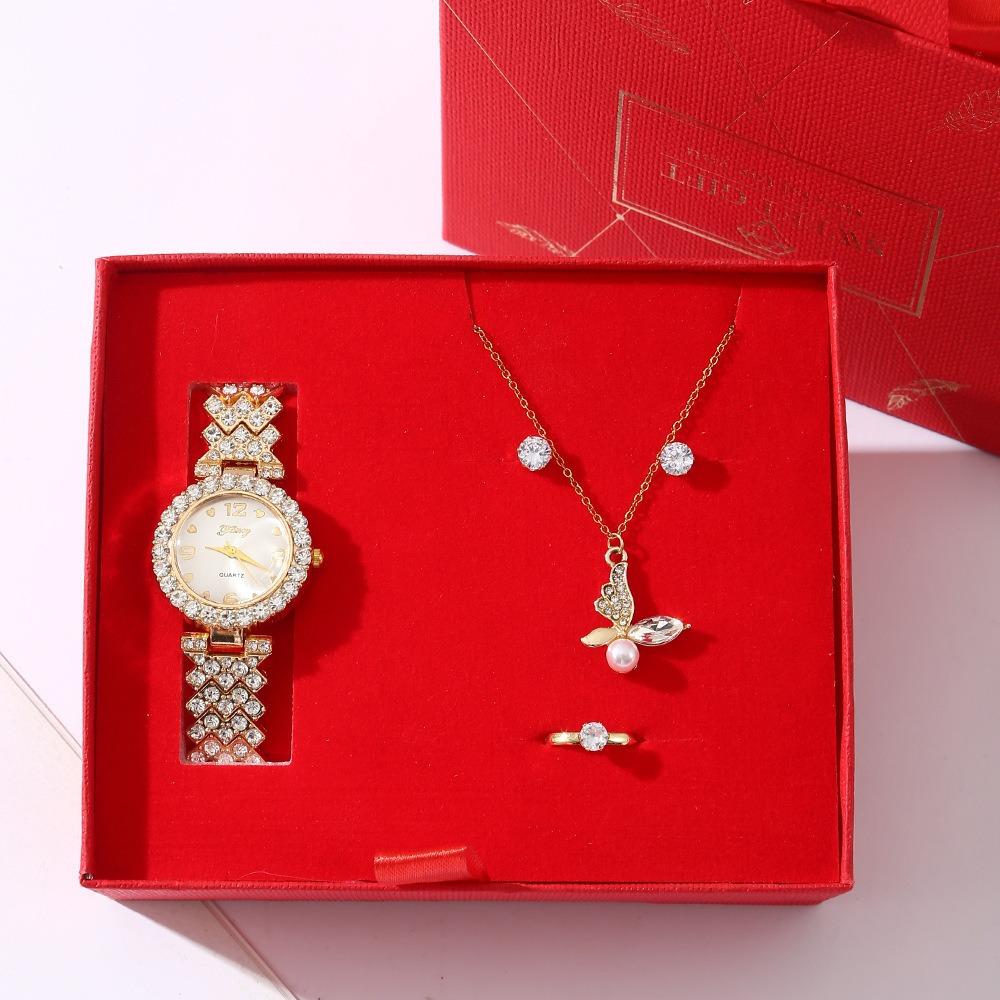 Women's gift set, full diamond watch, stainless steel necklace, butterfly jewelry, gift for mother on Qixi Valentine's Day