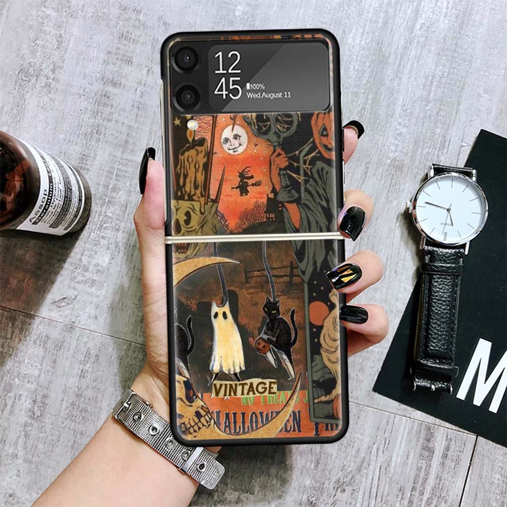 Halloween Fall Art Witch Cat Cases For Samsung Galaxy Z Flip 4 5 6 7 3 Z Flip7 Flip6 Flip4 Flip5 Flip3 5G Hard Shockproof Fundas