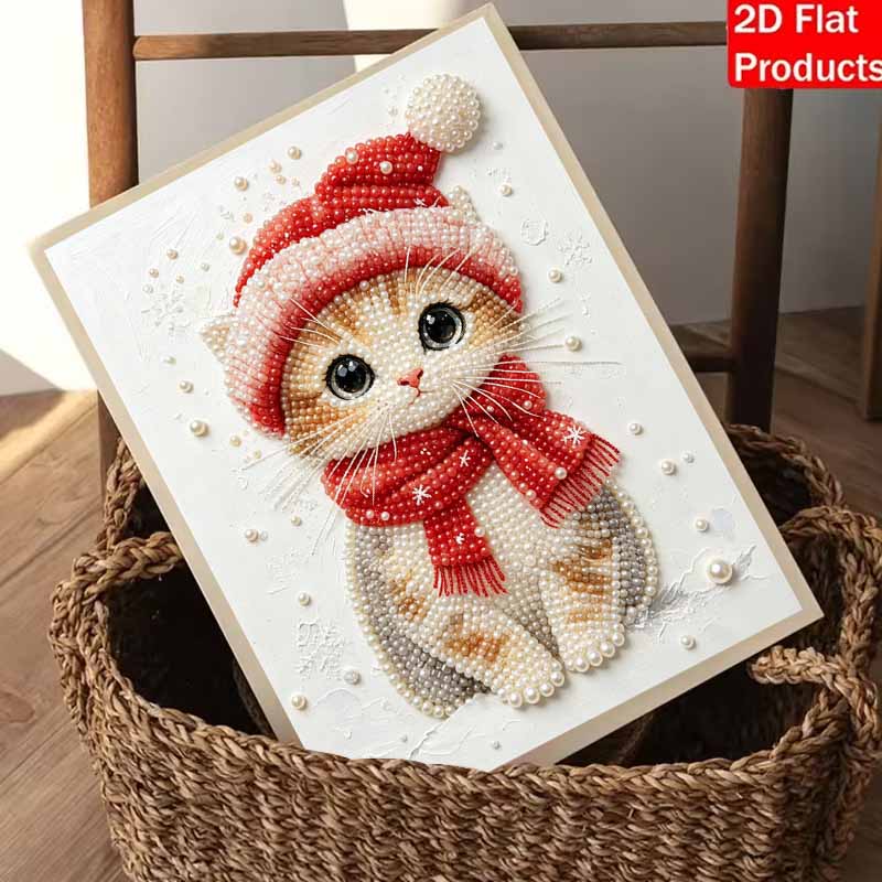 Christmas Pearl Painting Kit Handmade DIY Cute Cat Red Hat Scarf Home Decoration Painting