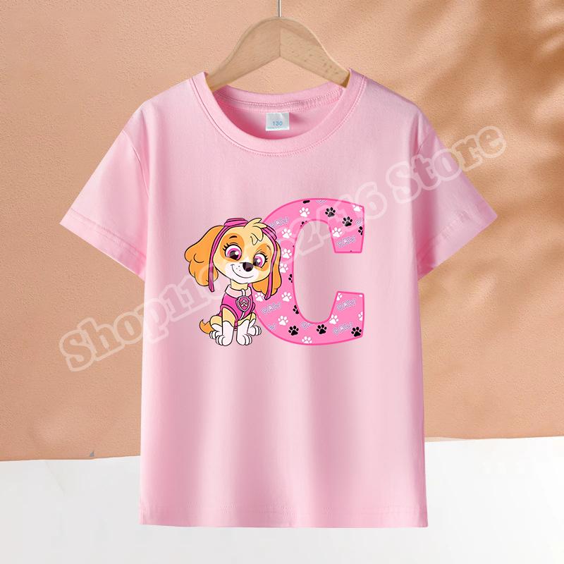 Paw Patrol Children's Pink Short-sleeve T-shirt, Girls' Skye Top, Cartoon 26-letter Printed Pullover, Children's Birthday Gift