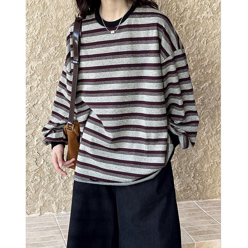 Juzhi 2024 Осенний корейский полосатый контрастный свитер-пуловер с круглым вырезом и длинными рукавами