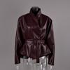Womens Vintage Burgundy PU Leather Jacket Slim Fit Stand Collar Belted Winter Coat
