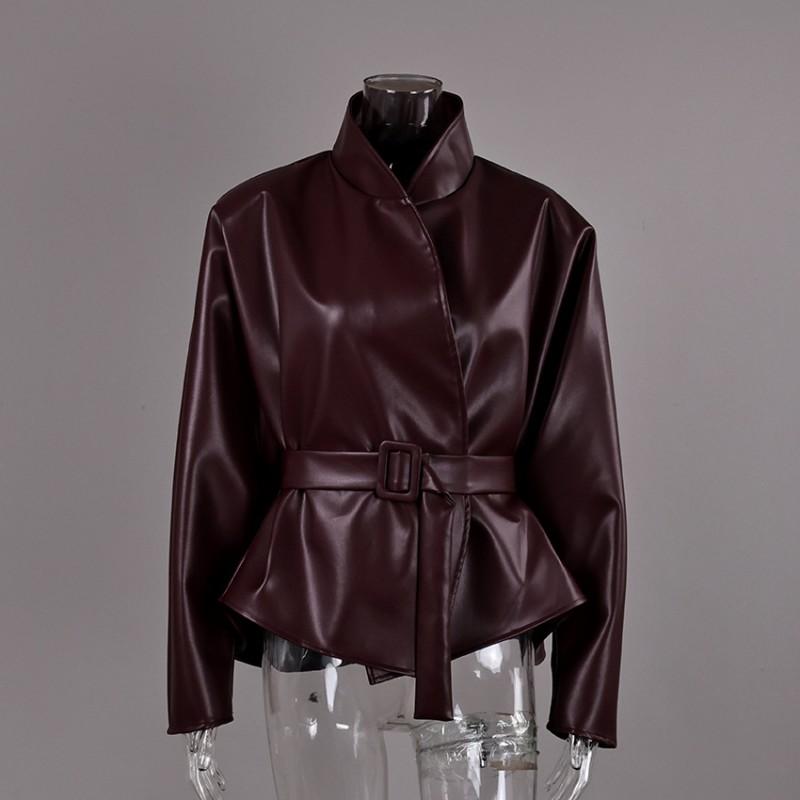 Womens Vintage Burgundy PU Leather Jacket Slim Fit Stand Collar Belted Winter Coat