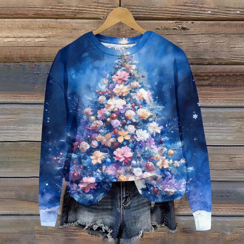 Женская модная рождественская принтованная толстовка с длинным рукавом и круглым вырезом