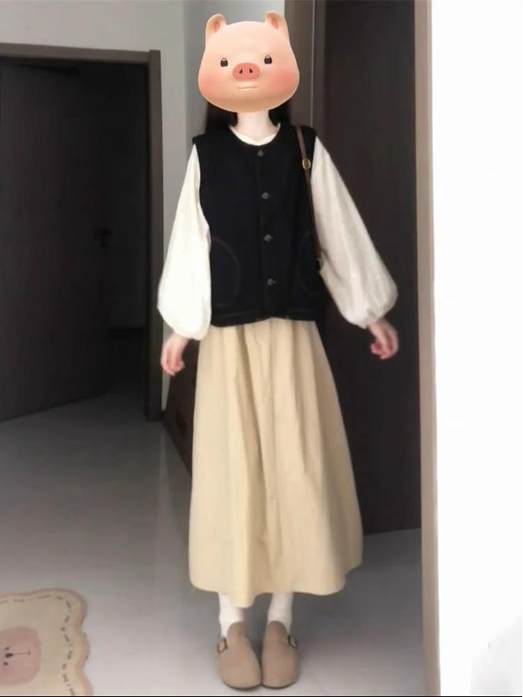 Женский осенний французский милый короткий джинсовый кардиган-жилет с полуюбкой и комплектом белой рубашки с длинным рукавом