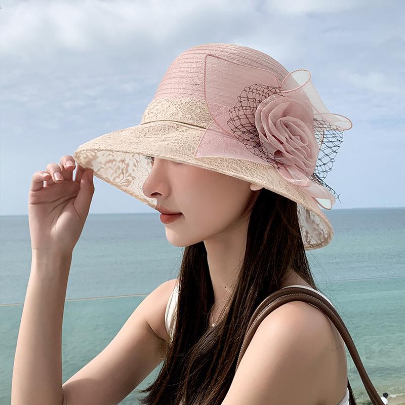 Vintage Elegant Flower Organza Sun Hats Ladies Wedding Party Floppy Church Hat For Women Summer Antiuv Travel Beach Caps